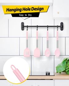 Pack of 4 Silicone Cooking Utensils Set, Non Stick Large Solid Spatulas, Heat Resistant Pink Slotted Spoons, Ideal BPA Free Kitchen Turners for F