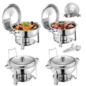 Chafing Dish Buffet Set, 5 Qt 4 Pack, Stainless Steel Chafer with 4 Full Size Pans, Round Catering Warmer Server with Lid Water Pan Folding Stand (Style: Silvery, Set: 4 Pcs)